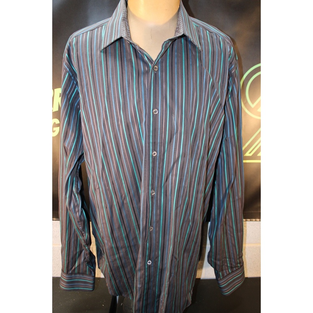 Bugatchi Uomo Shirt Adult XL‎ Blue Gray Striped Button Up Long Sleeve